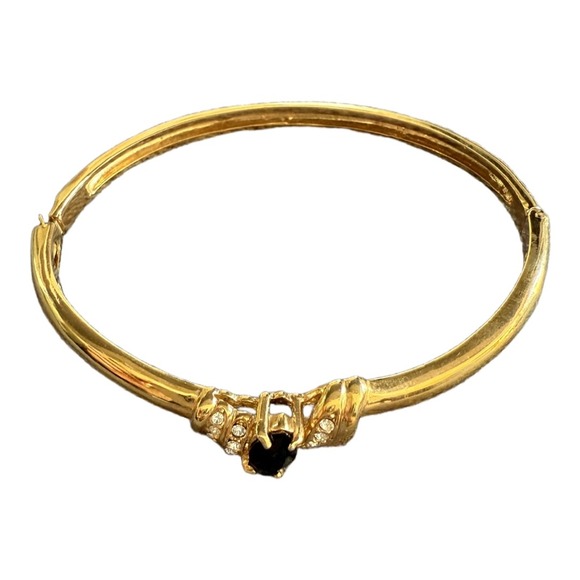 Vintage Antique Black Stone Gold Clasp Open Bracelet Bangle Womens - Picture 1 of 3